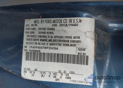 1998 Ford Mustang из США, поврежденный, VIN 1FAFP4047WF254266